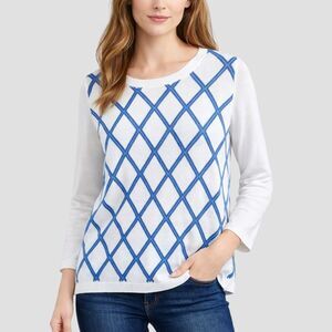 Brooks Brothers White Blue Argyle Sweater Top Women’s M Supima Cotton 3/4 Sleeve